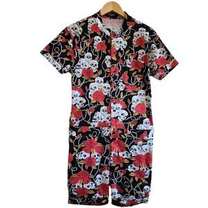 Glimms New York Skulls & Roses Fitted Cotton/Spandex Button Front Romper Mens L